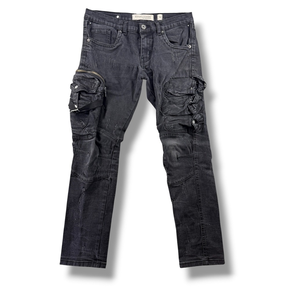 Evolution In Design Boys Black Distressed Cargo Moto Jeans Size 18 Streetwear